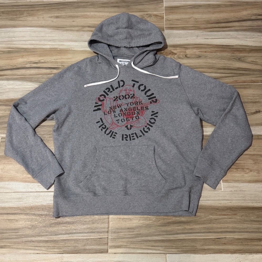 True Religion World Tour 2002 Buddha Hoodie Gray 3XL Pullover Sweatshirt